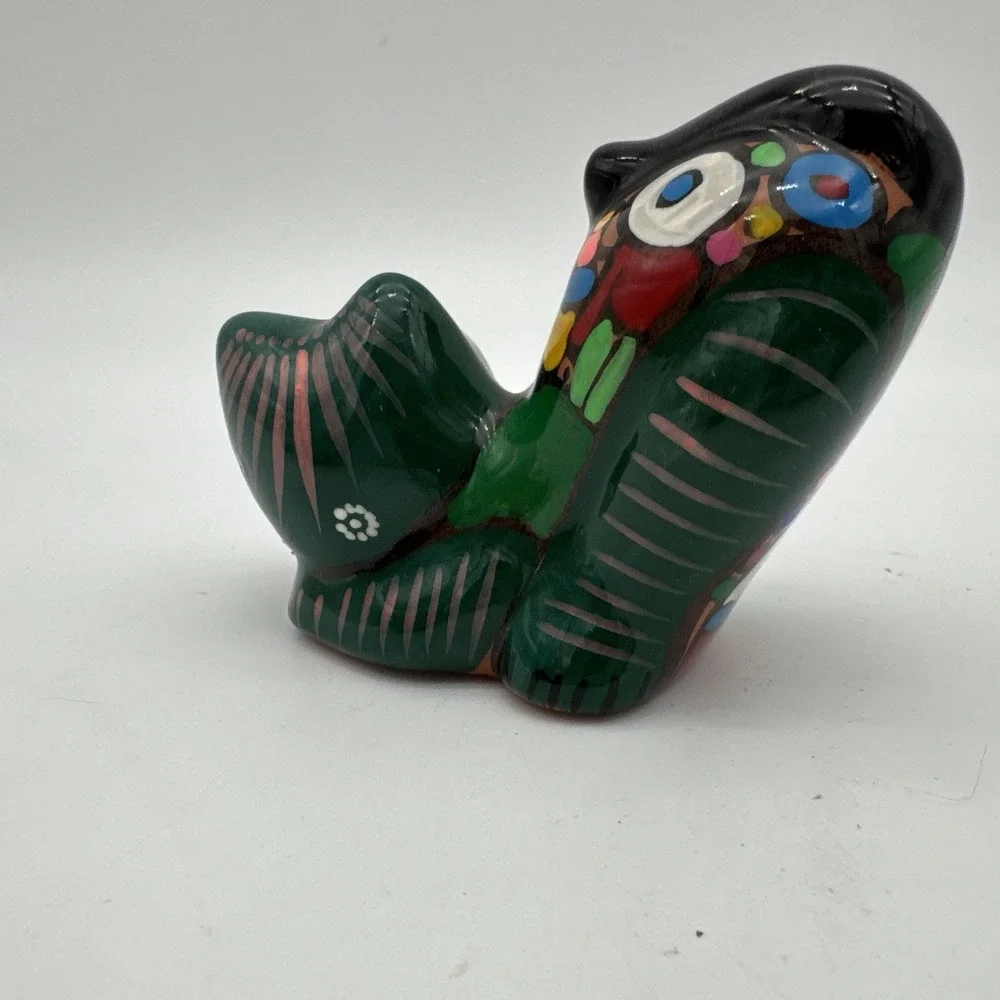 Cat Kitten Figurine Crouching Mexican Artist Red Clay Hand Painted Colorful CUTE